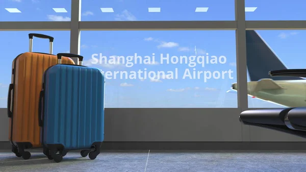 Verkehrsflugzeug zeigt Shanghai Hongqiao International Airport Text im Fenster des Terminals. 3D-Darstellung — Stockfoto