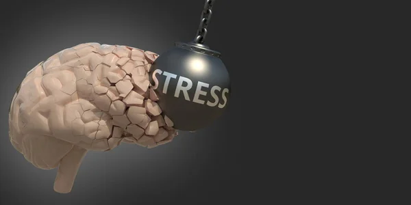 Cérebro atingido por bola de demolição com texto de estresse, renderização 3D conceitual médica — Fotografia de Stock
