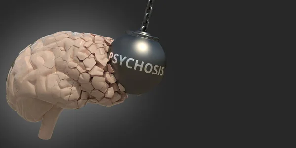 Cerebro golpeado por bola demoledora con texto de Psicosis, representación 3D conceptual médica — Foto de Stock