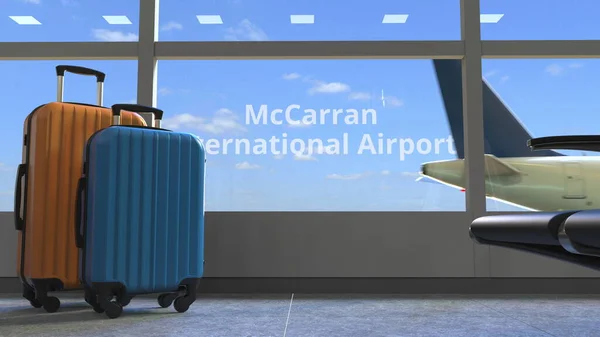 Terminal en commercieel vliegtuig onthullen McCarran International Airport tekst. 3d destructie — Stockfoto