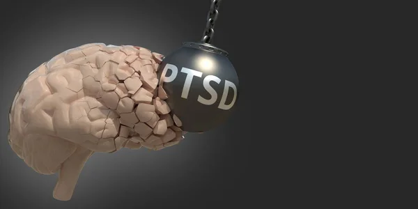 Wrecking ball with PTSD or Post Traumatic Stress Disorder text damage human brain. Renderizado 3D conceptual — Foto de Stock