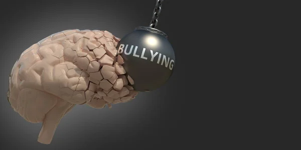 Εγκεφαλικό χτύπημα από μπάλα κατεδάφισης με Bullying κείμενο, ιατρική εννοιολογική 3D απόδοση — Φωτογραφία Αρχείου