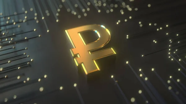 Rublo dorado símbolo sobre fondo tecnológico negro premium. Renderizado 3D conceptual — Foto de Stock