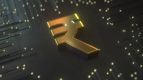 Rupia dorada símbolo sobre fondo tecnológico negro premium. Renderizado 3D conceptual —  Fotos de Stock
