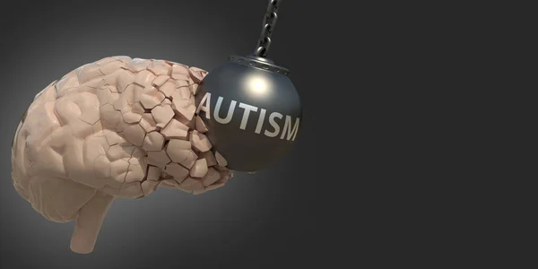 Wrecking ball with Autism text daña el cerebro humano. Renderizado 3D conceptual — Foto de Stock