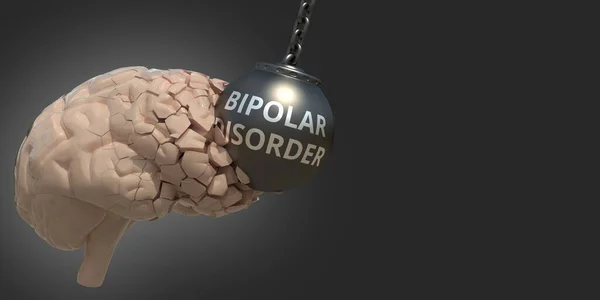Cerebro golpeado por bola demoledora con texto trastorno bipolar, representación 3D conceptual médica — Foto de Stock