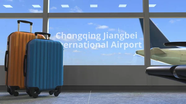 Terminal y avión taxiing revela Chongqing Jiangbei Aeropuerto Internacional de texto. renderizado 3d — Foto de Stock