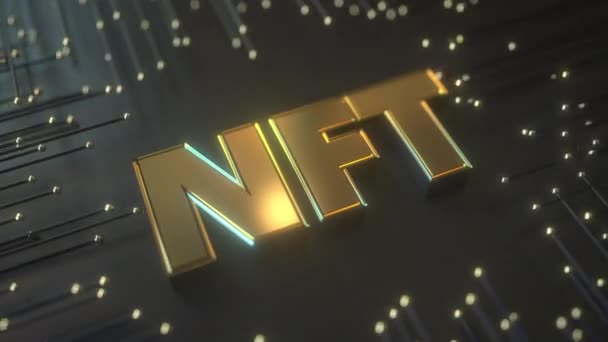 Golden NFT symbol på premium svart teknisk bakgrund. Konceptuell loopable 3D-animering — Stockvideo
