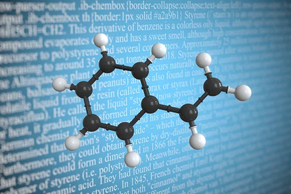Molekularmodell von Styrol, 3D-Rendering — Stockfoto