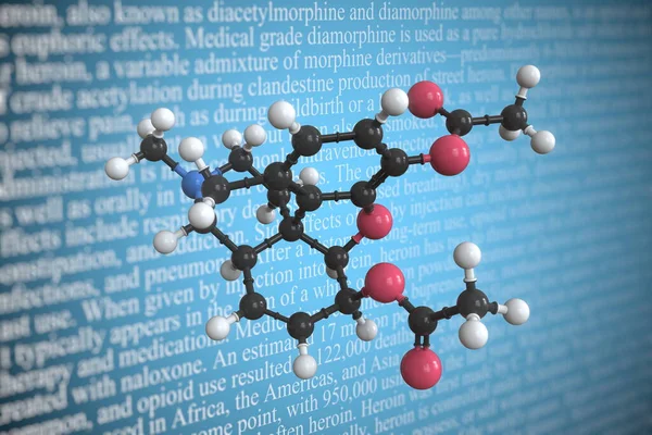 Heroin wissenschaftliches Molekularmodell, 3D-Rendering — Stockfoto