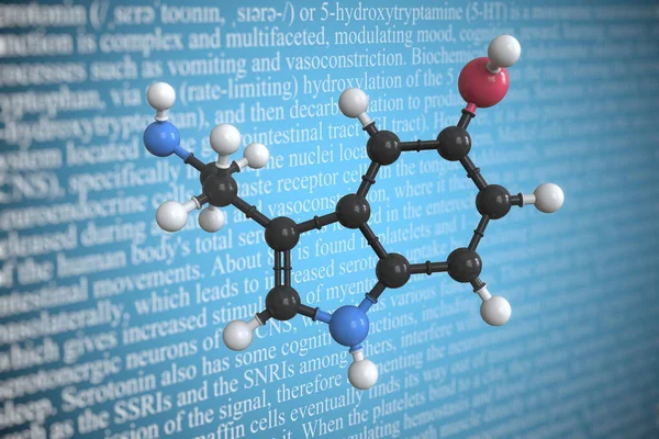 Serotonin wissenschaftliches Molekularmodell, 3D-Rendering — Stockfoto