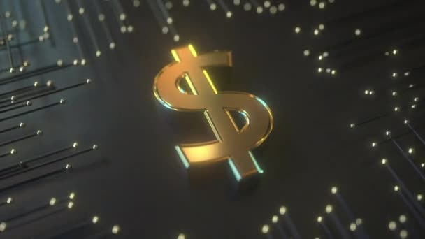 Gouden dollar symbool op premium zwarte technologische achtergrond. Conceptuele loopable 3D animatie — Stockvideo