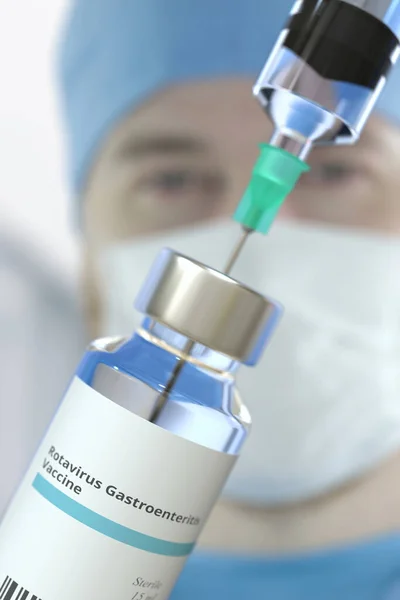 Glasflasche mit Rotavirus-Gastroenteritis-Impfstoff und Spritze gegen verschwommenes Arztgesicht. 3D-Rendering — Stockfoto