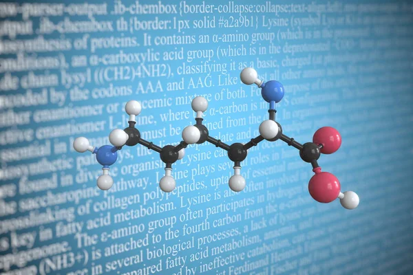 Επιστημονικό μοριακό μοντέλο λυσίνης, 3D rendering — Φωτογραφία Αρχείου
