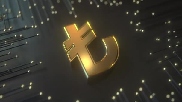 Golden Turkish lira symbol on premium black technologic background. Conceptual loopable 3D animation — Stock Video