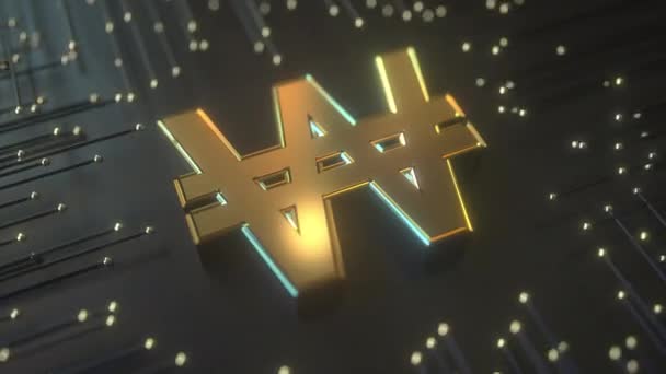 Arany koreai nyert szimbólum prémium fekete technológiai háttér. Fogalmi hurok 3D animáció — Stock videók