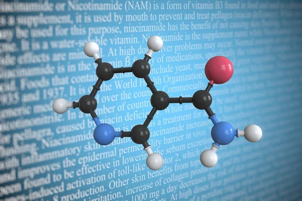 니코틴 아마이드의 분자 모형 , 3D 렌더링 — 스톡 사진