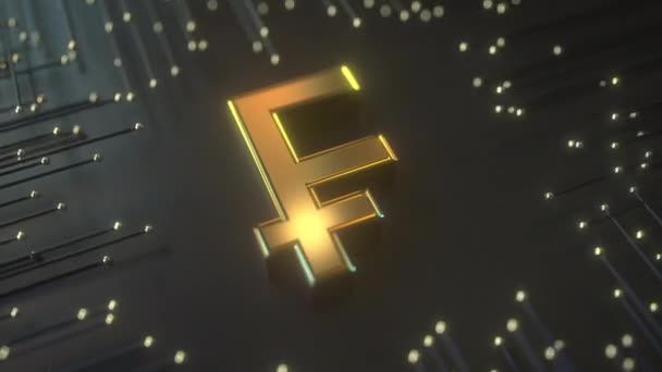 Gouden Zwitserse frank symbool op premium zwarte technologische achtergrond. Conceptuele loopable 3D animatie — Stockvideo