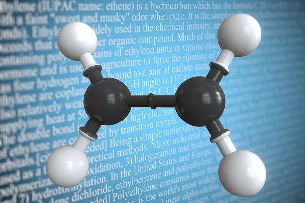 Model molekul ilmiah etilena, rendering 3D — Stok Foto