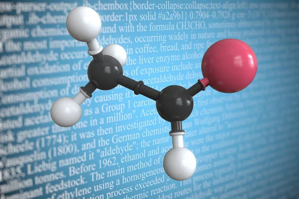 Ацетальдегідна наукова молекулярна модель, 3D рендеринг — стокове фото