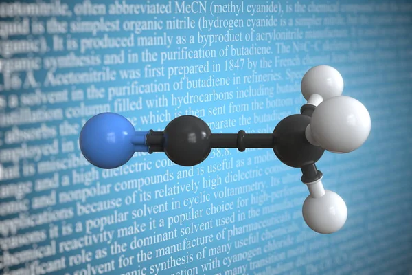 Acetonitrile наукова молекулярна модель, 3D рендеринг — стокове фото