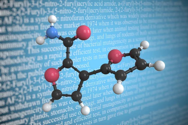 Molekularny model furylofuramidu, renderowanie 3D — Zdjęcie stockowe