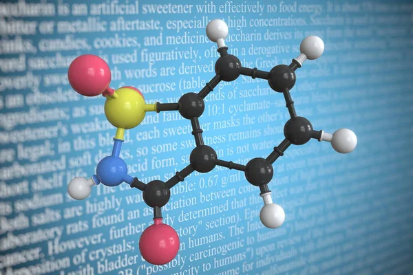 Saccharin tudományos molekuláris modell, 3D renderelés — Stock Fotó