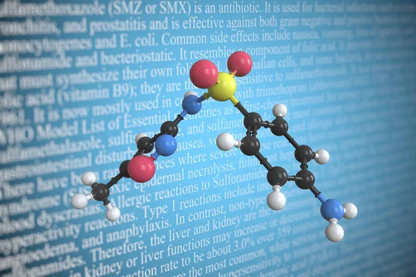 Sulfamethoxazole επιστημονικό μοριακό μοντέλο, 3D rendering — Φωτογραφία Αρχείου