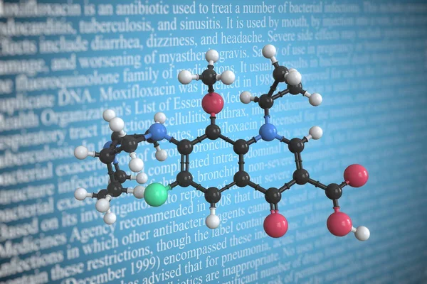 Molecular model of moxifloxacin, 3D rendering