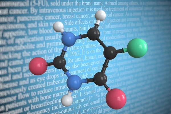 Naukowy model molekularny fluorouracylu, renderowanie 3D — Zdjęcie stockowe