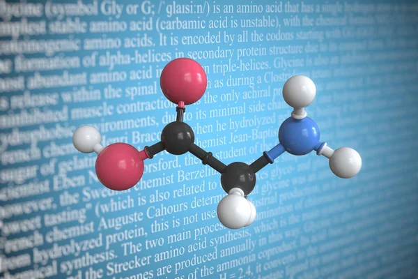 Molekularmodell von Glycin, 3D-Rendering — Stockfoto