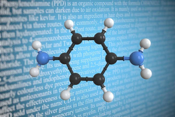 P-фенилендиаминовая научная молекулярная модель, 3D рендеринг — стоковое фото