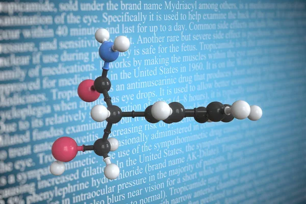 Научная молекулярная модель тропикамида, 3D рендеринг — стоковое фото