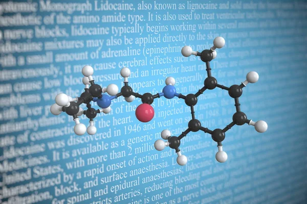 Naukowy model molekularny lidokainy, renderowanie 3D — Zdjęcie stockowe