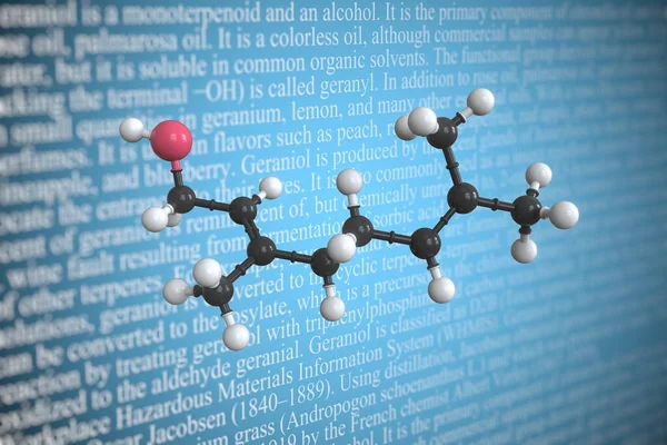 Geraniol scientific molecular model, 3D rendering — стокове фото