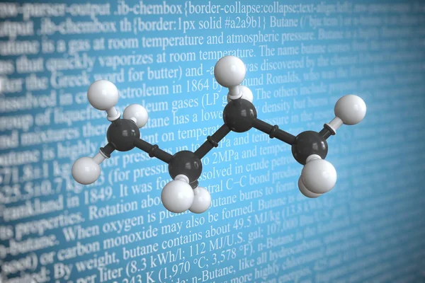 Butan wissenschaftliches Molekularmodell, 3D-Rendering — Stockfoto