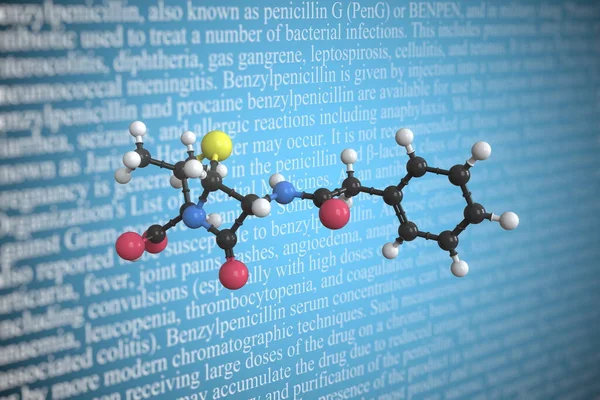 Benzylpenicillin wissenschaftliches Molekularmodell, 3D-Rendering — Stockfoto