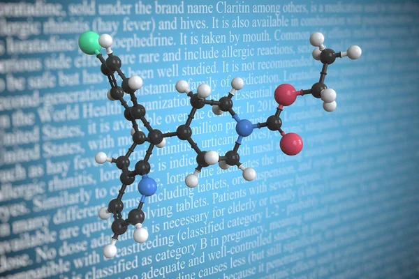 Modello molecolare di loratadina, rendering 3D — Foto Stock