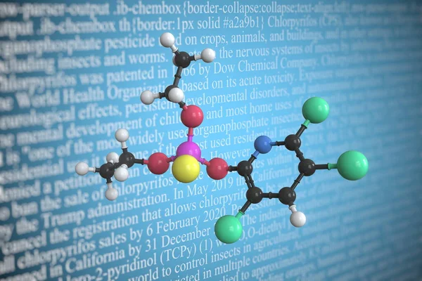 Chlorpyrifos scientific molecular model, 3D rendering — Stock Photo, Image