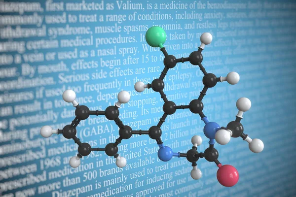 Молекулярная модель валиума, 3D рендеринг — стоковое фото