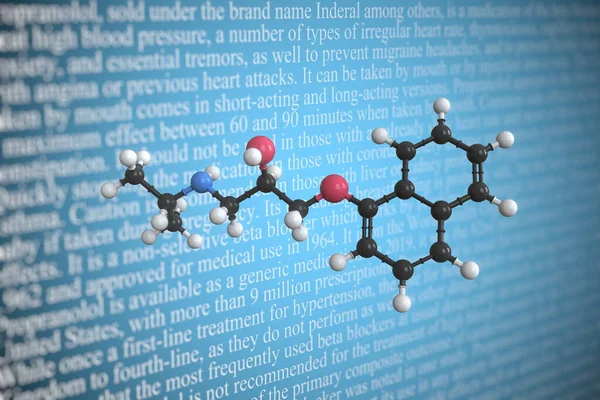 Modello molecolare scientifico del propranololo, rendering 3D — Foto Stock