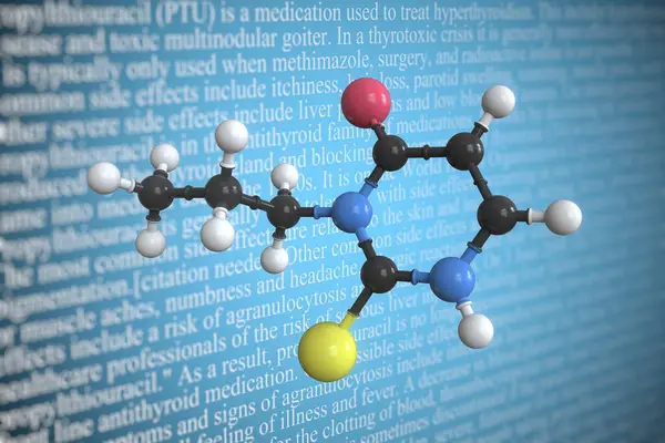 Propylthiouracil scientific molecular model, 3D rendering