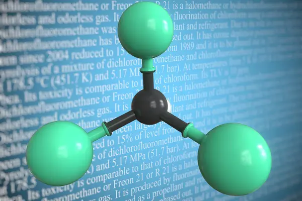 Dichlorofluoromethane scientific molecular model, 3D rendering