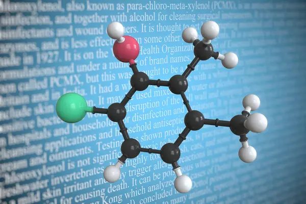 Chloroxylenol scientific molecular model, 3D rendering