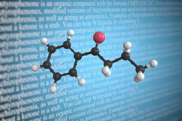 Molecular model of butyrophenone, 3D rendering