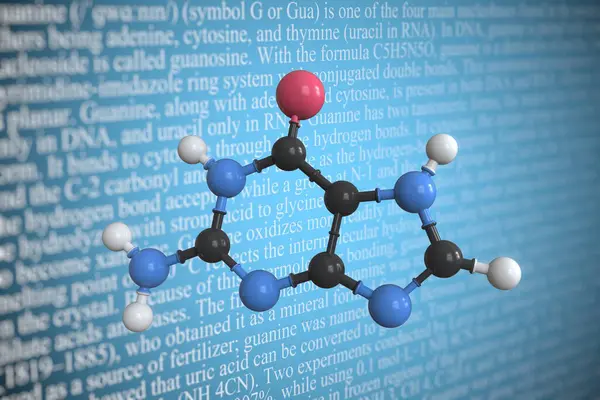 Molecular model of guanine, 3D rendering