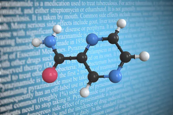 Molecular model of pyrazinamide, 3D rendering