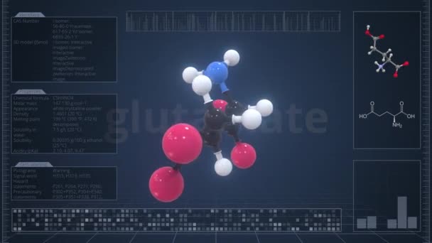 Молекула глутамата с инфографикой на мониторе компьютера, зацикленная 3D анимация — стоковое видео