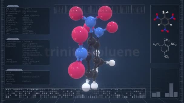Descripción general de la molécula de trinitrotolueno en la pantalla del ordenador. Animación 3d Loopable — Vídeo de stock