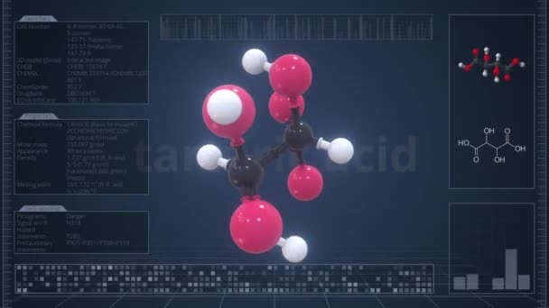 Molécula de ácido tartárico com descrição na tela do computador, animação 3d loopable — Vídeo de Stock